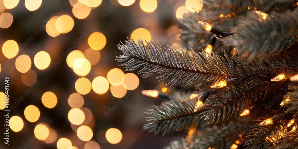 Poster decorative lights and a fir tree branch - christmas decoration. new year and christmas theme. select