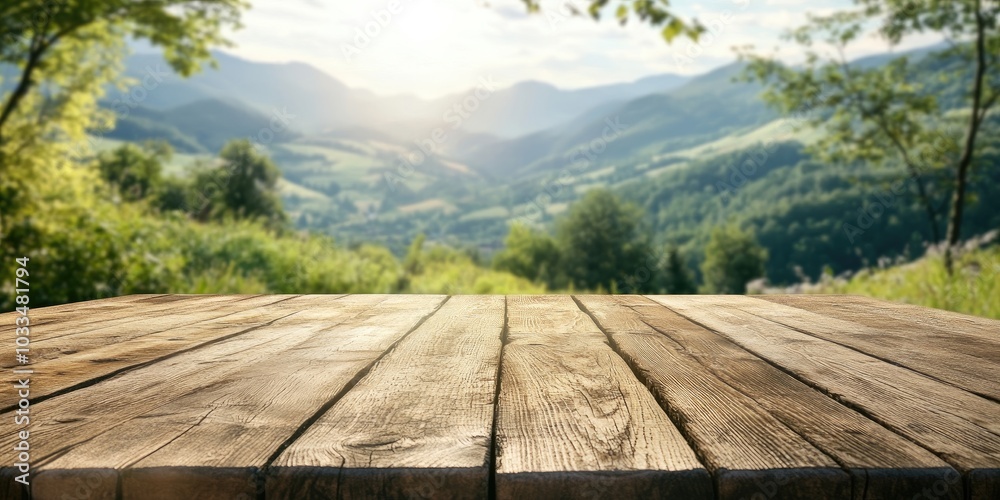 Poster empty wooden table with a blurred background of a summer landscape in a mountainous region. suitable