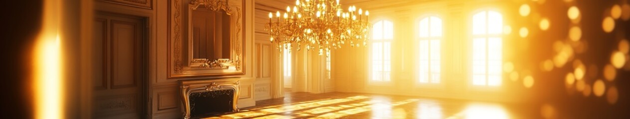 Obraz premium Abstract Creative Illustration of a Luxurious Sunlit Room Featuring an Elegant Chandelier, Bathed in Warm Golden Light Creating a Bokeh Effect, Evoking a Sense of Opulence, Comfort, and Classic Desig