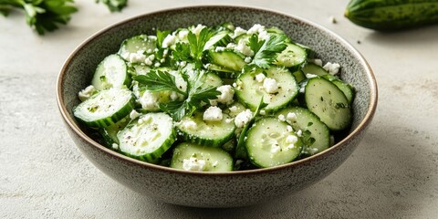 Bowl of cucumber and feta salad on a beige and grey granite surface, vertical shot with space, high-angle perspective.