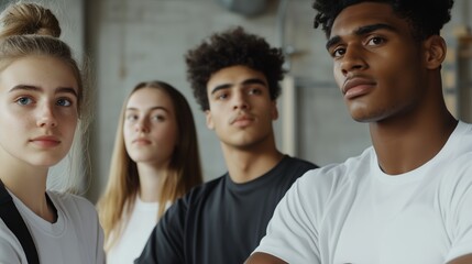 A diverse group of four young adults poses confidently indoors, showcasing various personalities and styles in modern casual attire