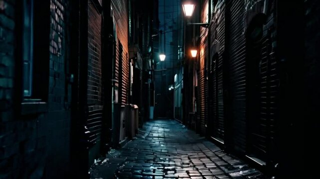 Nighttime street lamp in dark alley with stone corridors and buildings