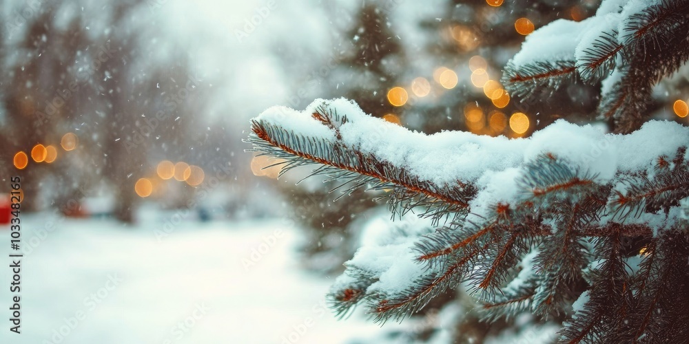 Poster christmas tree branches resting in snow in the park.