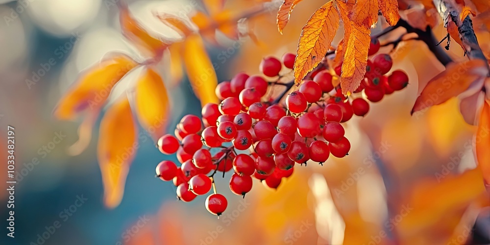 Poster autumn rowan berries on a branch. rowan berries are tart but high in vitamin c. close-up of red berr