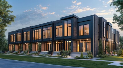 Fototapeta premium Modern townhouse complex with large windows and landscaped gardens