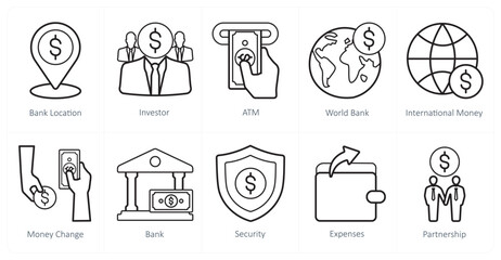 A set of 10 finance and money icons as bank location, investor, atm