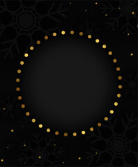 Abstract holiday background with round banner frame, dust and golden snowflakes