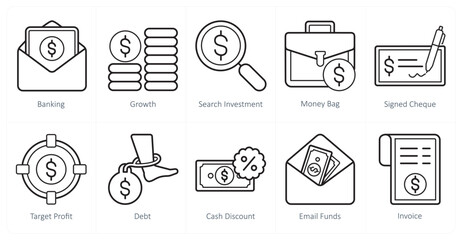 A set of 10 finance and money icons as banking, growth, search investment