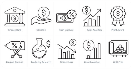 A set of 10 finance and money icons as finance bank, donation, cash discount