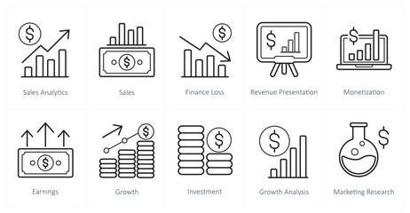 A set of 10 finance and money icons as sales analytics, sales, finance loss
