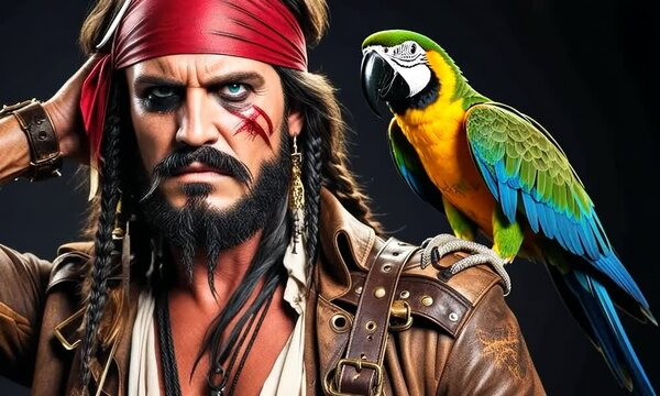 A pirate with a parrot shares tales of adventure on a stormy night at a coastal tavern
