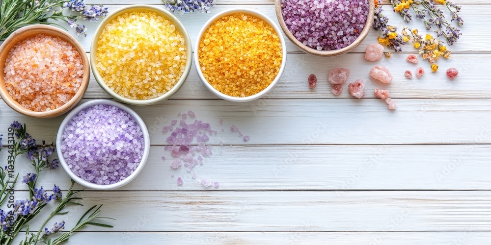 Poster spa cosmetics. a collection of salts in bowls on a white wooden background with a top-down view and 