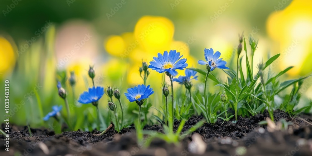 Poster Floral background for summer and spring. Vibrant artistic image with ample copy space. Close-up of spring flowers on the ground.