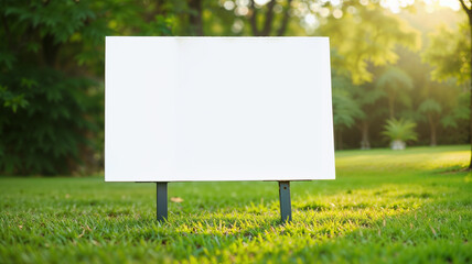 Blank white signboard on green grass in public park for advertisement