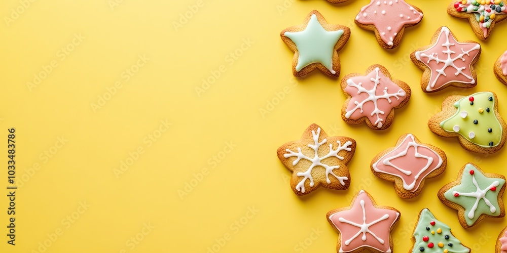 Poster christmas cookies on a yellow background with copy space. top view. flat lay. stylish colorful photo