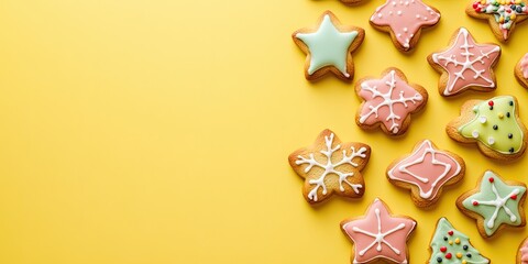 Christmas cookies on a yellow background with copy space. Top view. Flat lay. Stylish colorful photo. Minimalist design with a vibrant paper backdrop. Christmas theme.