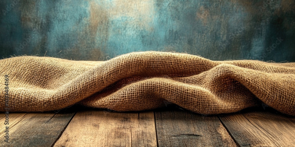 Poster burlap texture against a wooden table backdrop