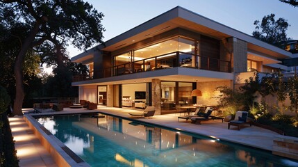 Fototapeta premium Modern Luxury Home with Swimming Pool and Landscaped Backyard at Dusk
