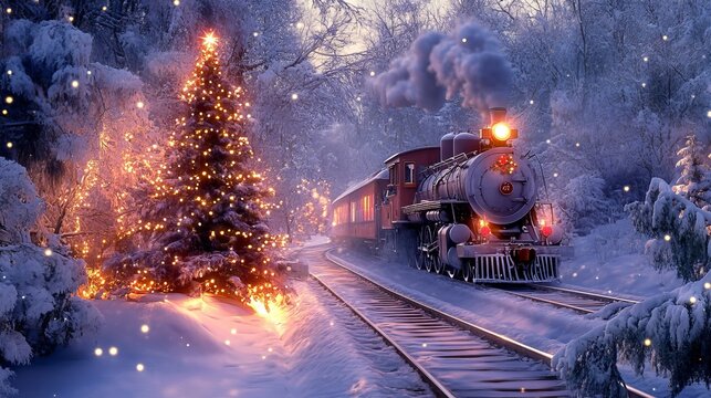 Vintage winter wonderland scene featuring a charming old locomotive surrounded by snow-covered trees and festive christmas decorations, capturing the magic and nostalgia of a winter fantasy in a pictu