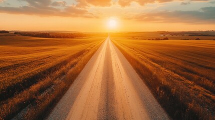 A long, straight dirt road stretches into the distance, disappearing into the horizon as the sun sets behind a field of golden grass.