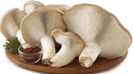 Fresh Mushrooms on Wooden Plate with Spice Addition