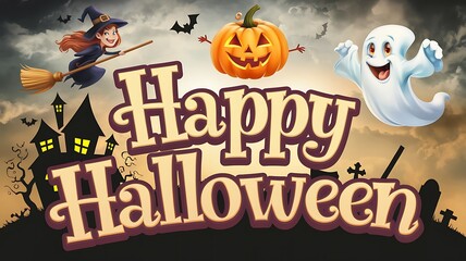 Happy Halloween with Witch, Ghost, and Jack-o'-Lantern