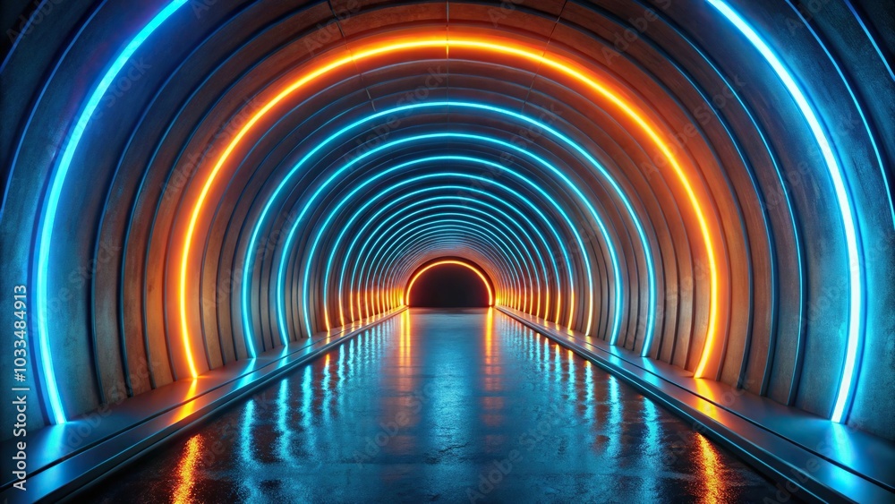 Wall mural minimalist tunnel with neon light curving around path