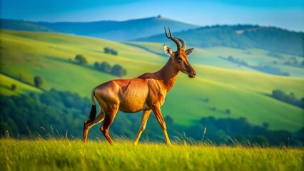 Fototapeta premium Majestic Topi Antelope Roaming Freely in Lush Green Savanna Under Bright Blue Sky | Wildlife Photography | Nature Scenes | African Fauna | Animal Behavior