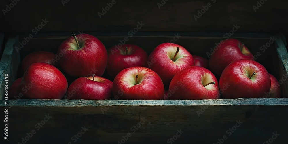 Poster Cluster of ripe red apples in a wooden box with dim light in a dark room, featuring copy space for text.