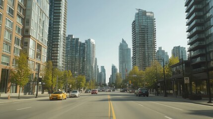 Obraz premium A wide shot of a busy street lined with tall buildings in a city. Cars are driving down the street, and there are trees on either side. The sky is clear and blue, and the sun is shining.
