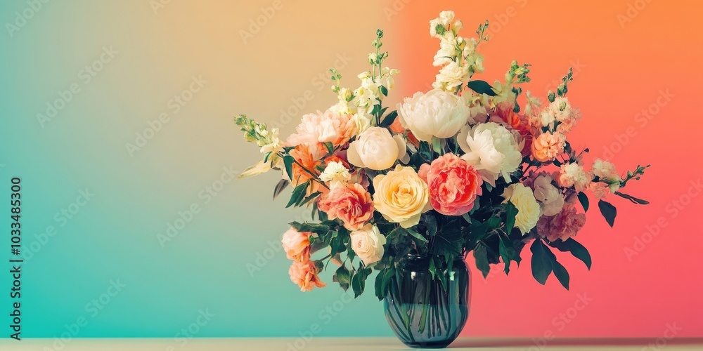 Poster vase filled with a stunning bouquet of flowers on a table set against a colored background.