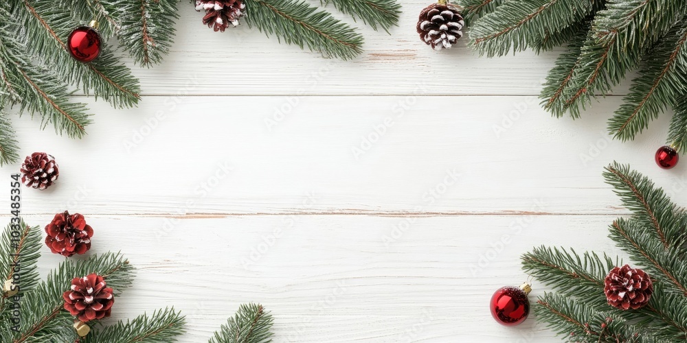 Aufkleber christmas background featuring fir branches and decorations on a white rustic wooden surface with co
