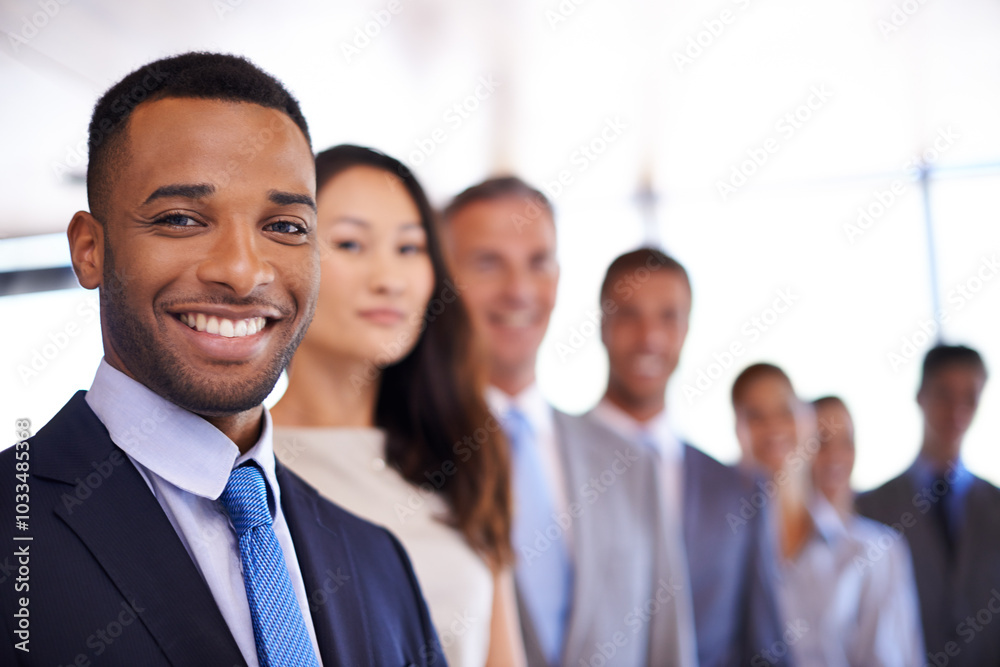 Wall mural Portrait, man and group of business people with diversity, smile and solidarity at corporate law firm. About us, legal support and team of lawyers with confidence, pride or staff management in office