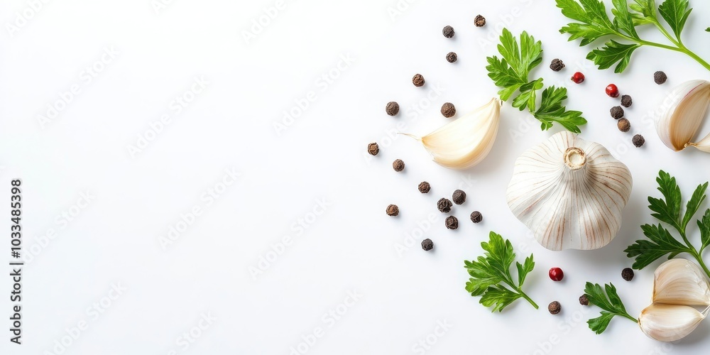 Poster garlic accompanied by peppercorns and parsley, isolated on a white background with copy space for yo