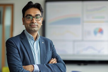 Obraz premium Smiling indian businessman in a blue suit is standing with his arms crossed in an office meeting room