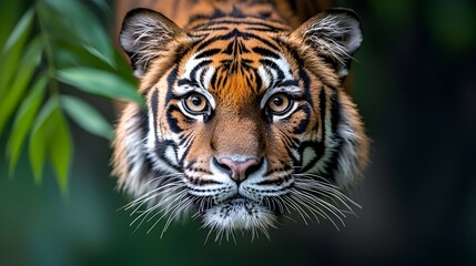Fototapeta premium Mesmerizing Close up of a Tiger s Eye in the Lush Jungle Landscape A detailed high contrast image capturing the intense piercing gaze of a powerful tiger
