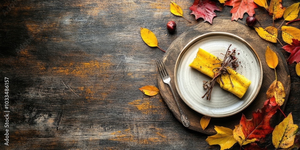 Aufkleber Autumnal table setting featuring yellow and red leaves on a rustic backdrop with copy space.