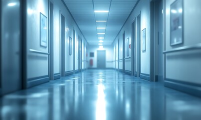 A quiet, well-lit hospital corridor with glossy floors and lined doors, conveying a sterile environment.