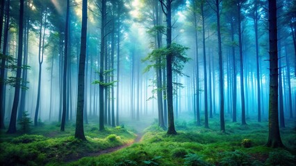 Naklejka premium Panoramic mysterious forest landscape with fog