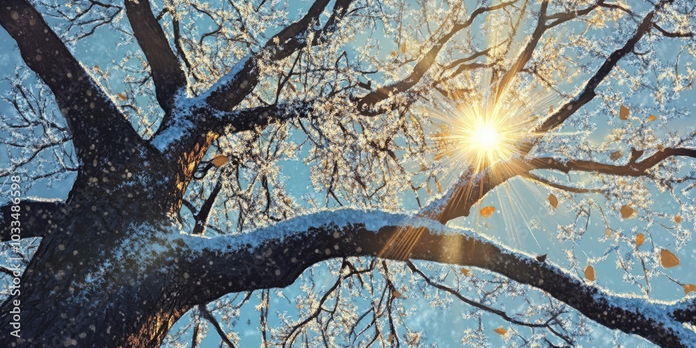 Aufkleber the sun filters through the branches of a tree adorned with snow crystals.