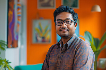 Art director is smiling in his colorful office, with artwork in the background