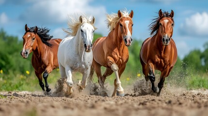 Powerful herd of wild horses sprinting across the sandy beach kicking up water and sand as the crashing waves provide a stunning natural backdrop