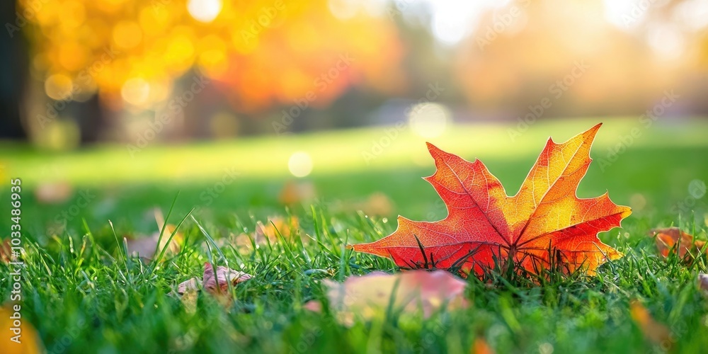 Aufkleber vivid red and yellow maple leaves on the green grass during a sunny autumn day. background features 