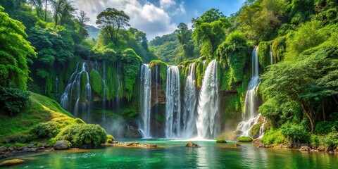 Panoramic view of majestic waterfall surrounded by lush green foliage
