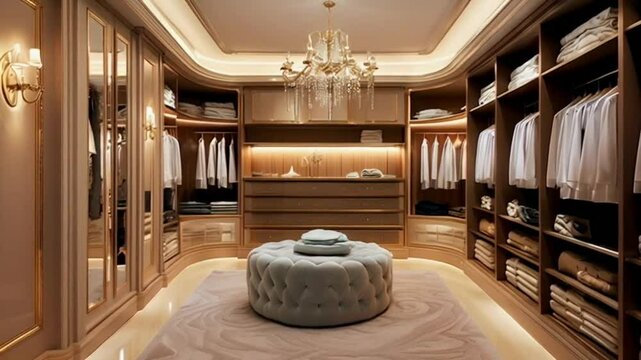 The interior of the elegant dressing room features classic furniture, luxurious sofas, stylish tables, a warm fireplace and soft lighting from beautiful lamps