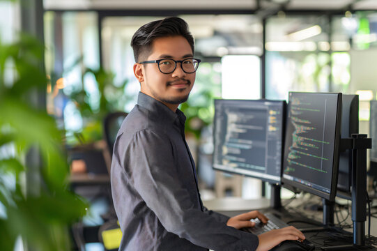 Focused young asian programmer coding at desk in modern office, developing software for it startup. Showcasing professional tech skills