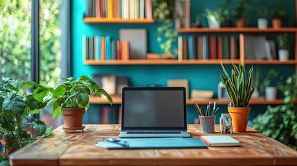 A colorful, organized workspace, with books, plants, and personal items making it feel inviting