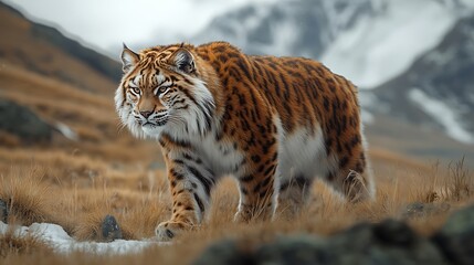 Obraz premium A bobcat with yellow eyes and stripes standing majestically on a snowy mountain in a serene winter forest