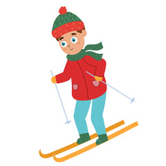 Cute boy skiing isolated on white background. Winter sport activity print with a kid in cartoon style. Vector illustration