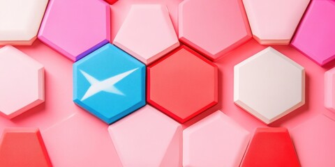 North Korea flag on hexagonal stylish stones. Pink copyspace background. Flat lay, top view minimalistic national concept.